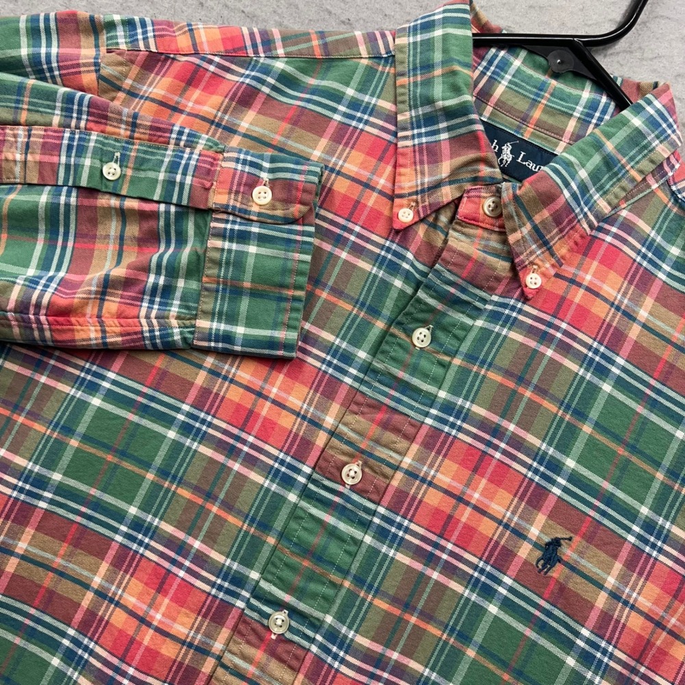 Ralph Lauren Custom Fit Plaid Button Down Shirt Mens Large Green Red Multi Color